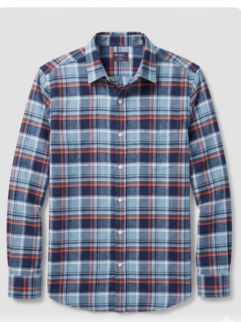 UNTUCKit Men's Light Blue and Navy Plaid Button-Down Shirt with Red Accents